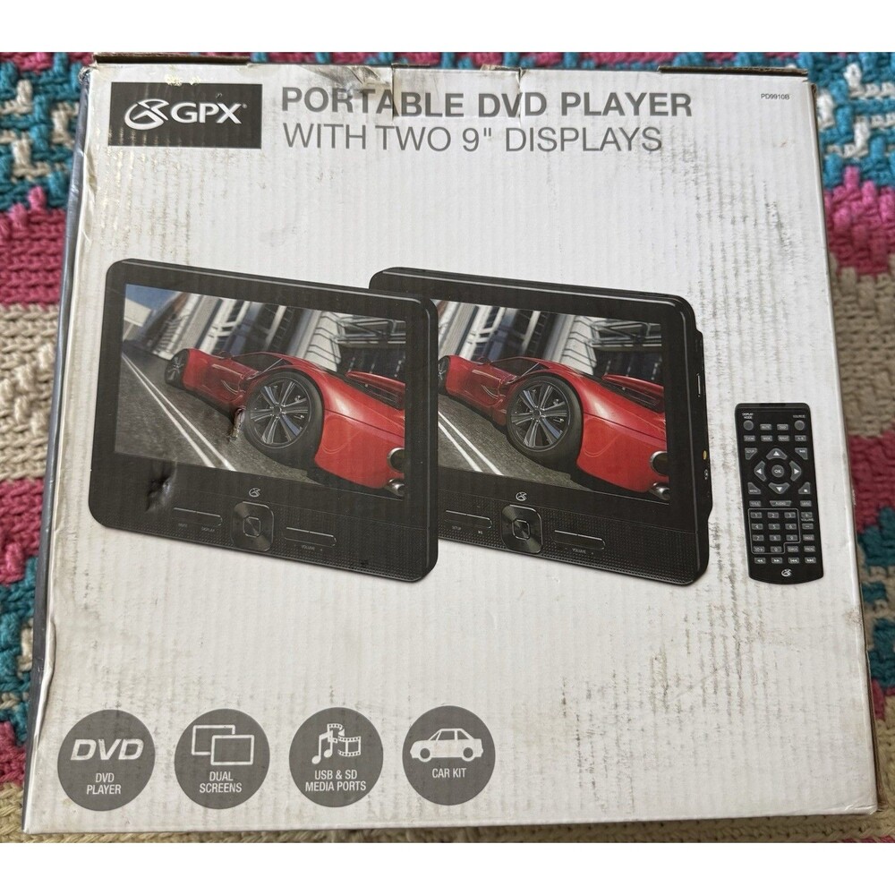 GPX PD9910B 9" PORTABLE DVD PLAYER TWO DISPLAYS REMOTE WORKS CAR KIT USB SD PORT